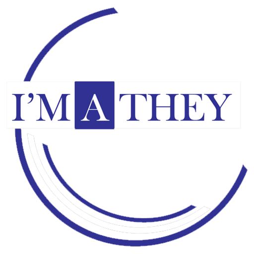 A blue and white circle with the word " i 'm a they " in it.