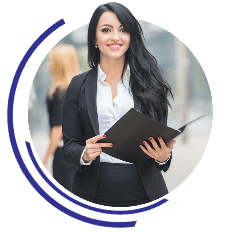 A woman holding a black folder in her hands.